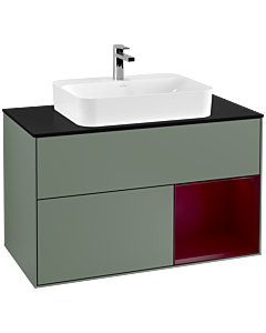 Villeroy und Boch Finion Waschtischunterschrank F372HBGM 100cm, Abdeckplatte black matt, Regal rechts Peony, Olive Matt Lacquer