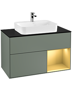Villeroy und Boch Finion Waschtischunterschrank F372HFGM 100cm, Abdeckplatte black matt, Regal rechts Gold matt, Olive Matt Lacquer