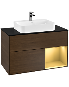 Villeroy und Boch Finion Waschtischunterschrank F372HFGN 100cm, Abdeckplatte black matt, Regal rechts Gold matt, Walnut veneer