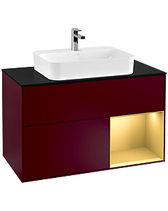 Villeroy und Boch Finion Waschtischunterschrank F372HFHB 100cm, Abdeckplatte black matt, Regal rechts Gold matt, Peony Matt