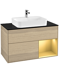 Villeroy und Boch Finion Waschtischunterschrank F372HFPC 100cm, Abdeckplatte black matt, Regal rechts Gold matt, Oak Veneer