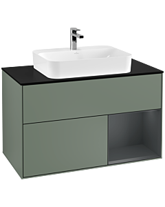 Villeroy und Boch Finion Waschtischunterschrank F372HGGM 100cm, Abdeckplatte black matt, Regal rechts Midnight Blue Matt Lacquer, Olive Matt Lacquer