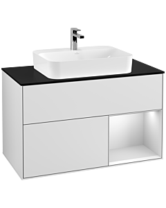 Villeroy und Boch Finion Waschtischunterschrank F372MTMT 100cm, Abdeckplatte black matt, Regal rechts White matt lacquer, White matt lacquer