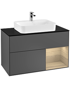 Villeroy und Boch Finion Waschtischunterschrank F372PCGK 100cm, Abdeckplatte black matt, Regal rechts Oak Veneer, Anthracite matt