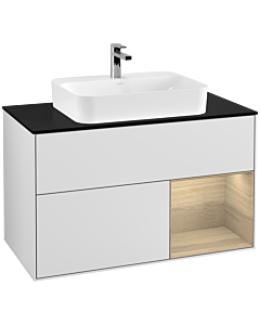 Villeroy und Boch Finion Waschtischunterschrank F372PCMT 100cm, Abdeckplatte black matt, Regal rechts Oak Veneer, White matt lacquer