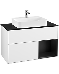 Villeroy und Boch Finion Villeroy und Boch F372PDGF 100cm, plaque de finition noir mat, étagère à droite laqué noir mat, laqué blanc brillant