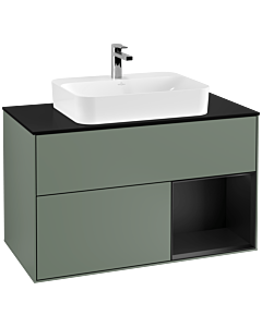 Villeroy und Boch Finion Waschtischunterschrank F372PDGM 100cm, Abdeckplatte black matt, Regal rechts Black matt lacquer, Olive Matt Lacquer