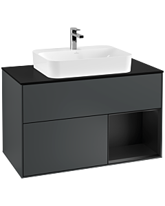 Villeroy und Boch Finion Villeroy und Boch F372PDHG 100cm, plaque de finition noir mat, étagère à droite laqué noir mat, Midnight Blue Matt Lacquer