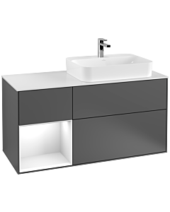 Villeroy und Boch Finion Waschtischunterschrank F391GFGK 120cm, Abdeckplatte white matt, Regal links Glossy white lacquer, Anthracite matt