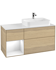 Villeroy und Boch Finion Waschtischunterschrank F391GFPC 120cm, Abdeckplatte white matt, Regal links Glossy white lacquer, Oak Veneer