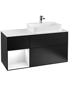 Villeroy und Boch Finion Villeroy und Boch F391GFPD 120cm, plaque de recouvrement blanc mat, étagère gauche laqué blanc brillant, laqué noir mat