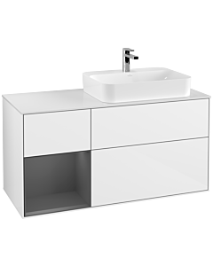 Villeroy und Boch Finion Waschtischunterschrank F391GKGF 120cm, Abdeckplatte white matt, Regal links Anthracite matt, Glossy white lacquer