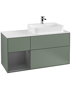 Villeroy und Boch Finion Villeroy und Boch F391GKGM 120cm, plaque de finition blanc mat, étagère gauche anthracite mat, Olive Matt Lacquer