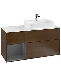 Villeroy und Boch Finion Villeroy und Boch F391GKGN 120cm, plaque de finition blanc mat, étagère gauche anthracite mat, placage noyer