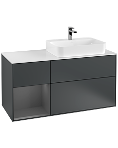 Villeroy und Boch Finion Waschtischunterschrank F391GKHG 120cm, Abdeckplatte white matt, Regal links Anthracite matt, Midnight Blue Matt Lacquer