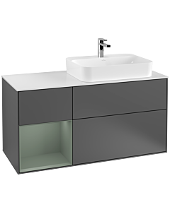 Villeroy und Boch Finion Waschtischunterschrank F391GMGK 120cm, Abdeckplatte white matt, Regal links Olive Matt Lacquer, Anthracite matt