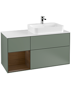 Villeroy und Boch Finion Waschtischunterschrank F391GNGM 120cm, Abdeckplatte white matt, Regal links Walnut veneer, Olive Matt Lacquer