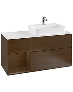 Villeroy und Boch Finion Waschtischunterschrank F391GNGN 120cm, Abdeckplatte white matt, Regal links Walnut veneer, Walnut veneer