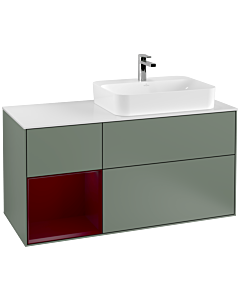 Villeroy und Boch Finion Waschtischunterschrank F391HBGM 120cm, Abdeckplatte white matt, Regal links Peony, Olive Matt Lacquer