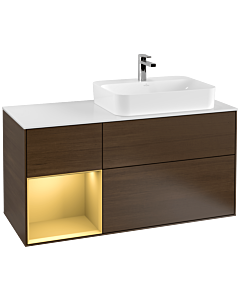 Villeroy und Boch Finion Waschtischunterschrank F391HFGN 120cm, Abdeckplatte white matt, Regal links Gold matt, Walnut veneer