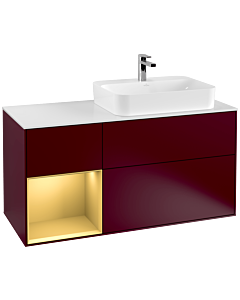 Villeroy und Boch Finion Waschtischunterschrank F391HFHB 120cm, Abdeckplatte white matt, Regal links Gold matt, Peony Matt