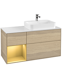 Villeroy und Boch Finion Waschtischunterschrank F391HFPC 120cm, Abdeckplatte white matt, Regal links Gold matt, Oak Veneer