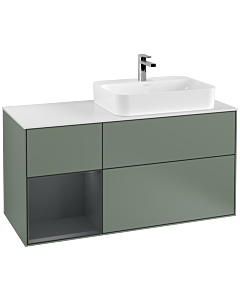 Villeroy und Boch Finion Waschtischunterschrank F391HGGM 120cm, Abdeckplatte white matt, Regal links Midnight Blue Matt Lacquer, Olive Matt Lacquer