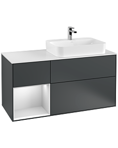 Villeroy und Boch Finion Waschtischunterschrank F391MTHG 120cm, Abdeckplatte white matt, Regal links White matt lacquer, Midnight Blue Matt Lacquer