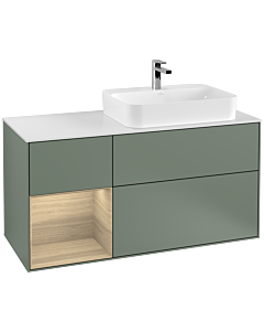 Villeroy und Boch Finion Waschtischunterschrank F391PCGM 120cm, Abdeckplatte white matt, Regal links Oak Veneer, Olive Matt Lacquer