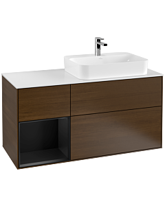 Villeroy und Boch Finion Waschtischunterschrank F391PDGN 120cm, Abdeckplatte white matt, Regal links Black matt lacquer, Walnut veneer