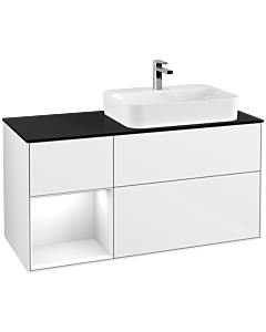Villeroy und Boch Finion Waschtischunterschrank F392GFGF 120cm, Abdeckplatte black matt, Regal links Glossy white lacquer, Glossy white lacquer