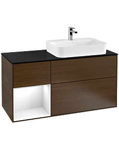 Villeroy und Boch Finion Waschtischunterschrank F392GFGN 120cm, Abdeckplatte black matt, Regal links Glossy white lacquer, Walnut veneer