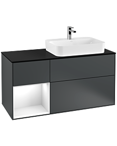 Villeroy und Boch Finion Waschtischunterschrank F392GFHG 120cm, Abdeckplatte black matt, Regal links Glossy white lacquer, Midnight Blue Matt Lacquer