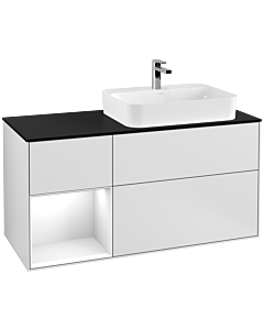 Villeroy und Boch Finion Waschtischunterschrank F392GFMT 120cm, Abdeckplatte black matt, Regal links Glossy white lacquer, White matt lacquer
