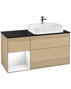 Villeroy und Boch Finion Villeroy und Boch F392GFPC 120cm, plaque de finition noir mat, étagère gauche laqué blanc brillant, Oak Veneer