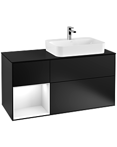 Villeroy und Boch Finion Waschtischunterschrank F392GFPD 120cm, Abdeckplatte black matt, Regal links Glossy white lacquer, Black matt lacquer