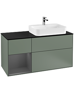 Villeroy und Boch Finion Waschtischunterschrank F392GKGM 120cm, Abdeckplatte black matt, Regal links Anthracite matt, Olive Matt Lacquer