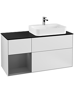 Villeroy und Boch Finion Waschtischunterschrank F392GKMT 120cm, Abdeckplatte black matt, Regal links Anthracite matt, White matt lacquer