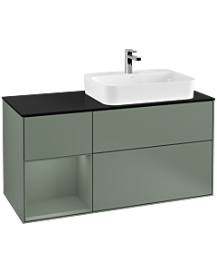 Villeroy und Boch Finion Waschtischunterschrank F392GMGM 120cm, Abdeckplatte black matt, Regal links Olive Matt Lacquer, Olive Matt Lacquer
