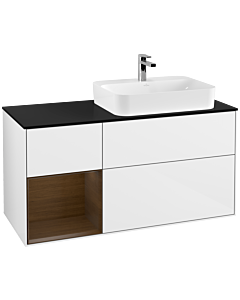 Villeroy und Boch Finion Waschtischunterschrank F392GNGF 120cm, Abdeckplatte black matt, Regal links Walnut veneer, Glossy white lacquer