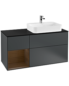 Villeroy und Boch Finion Waschtischunterschrank F392GNHG 120cm, Abdeckplatte black matt, Regal links Walnut veneer, Midnight Blue Matt Lacquer