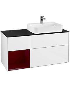 Villeroy und Boch Finion Waschtischunterschrank F392HBGF 120cm, Abdeckplatte black matt, Regal links Peony, Glossy white lacquer