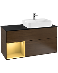 Villeroy und Boch Finion Waschtischunterschrank F392HFGN 120cm, Abdeckplatte black matt, Regal links Gold matt, Walnut veneer