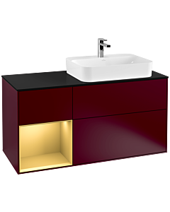 Villeroy und Boch Finion Waschtischunterschrank F392HFHB 120cm, Abdeckplatte black matt, Regal links Gold matt, Peony Matt