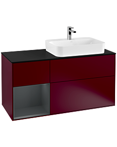 Villeroy und Boch Finion Waschtischunterschrank F392HGHB 120cm, Abdeckplatte black matt, Regal links Midnight Blue Matt Lacquer, Peony Matt