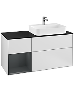 Villeroy und Boch Finion Waschtischunterschrank F392HGMT 120cm, Abdeckplatte black matt, Regal links Midnight Blue Matt Lacquer, White matt lacquer