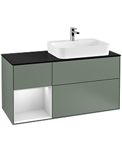 Villeroy und Boch Finion Waschtischunterschrank F392MTGM 120cm, Abdeckplatte black matt, Regal links White matt lacquer, Olive Matt Lacquer