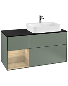 Villeroy und Boch Finion Waschtischunterschrank F392PCGM 120cm, Abdeckplatte black matt, Regal links Oak Veneer, Olive Matt Lacquer