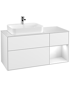 Villeroy und Boch Finion Villeroy und Boch F401GFGF 120cm, plaque de finition blanc mat, étagère à droite laqué blanc brillant, laqué blanc brillant
