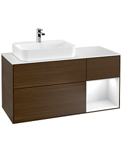 Villeroy und Boch Finion Waschtischunterschrank F401GFGN 120cm, Abdeckplatte white matt, Regal rechts Glossy white lacquer, Walnut veneer